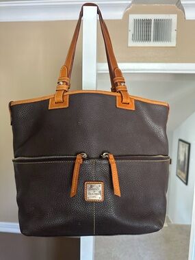 Dooney & Bourke Dark Brown Pebbled Leather Tote with Tan Trim